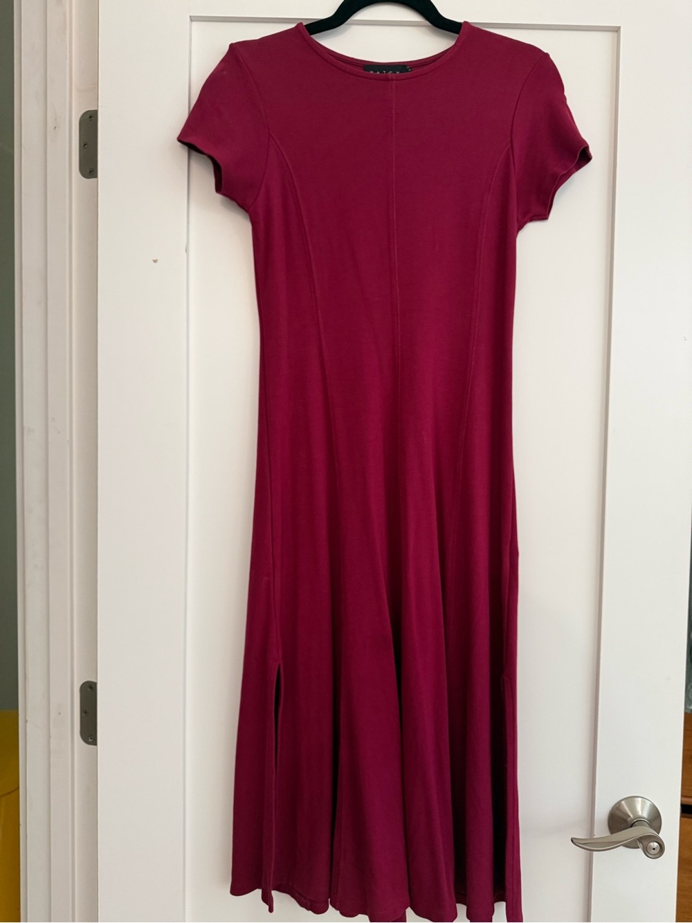 Hatch Short-Sleeve Midi Maternity Dress in Wine Red